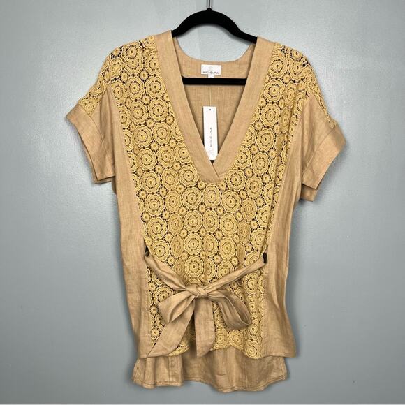 NWT Miguelina Regina Sample Linen Crochet Lace Blouse Waist Tie Camel Tan Size S - Picture 1 of 9